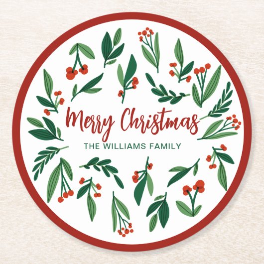 Mooie Red Green Holly Berry, aangepast kerstfeest Ronde Kartonnen Onderzetter (Voorkant)