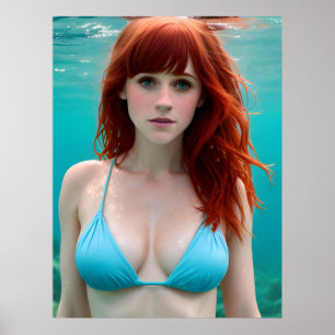 Mooie Red Haire Woman Onderwater Fotografie Poster