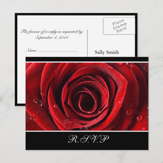 Mooie Red Rose Wedding RSVP briefkaart -Zwart (Voorkant / Achterkant)