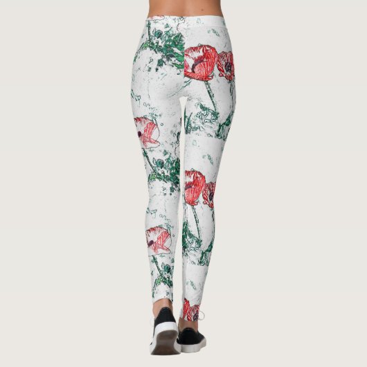Mooie Red Three Poppy Flowers Sketch Leggings (Achterkant)