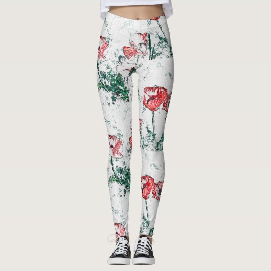 Mooie Red Three Poppy Flowers Sketch Leggings (Voorkant)