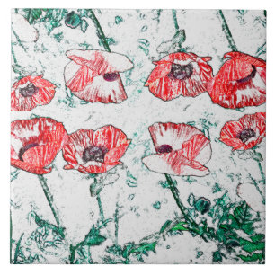 Mooie Red Three Poppy Flowers Sketch Tegeltje