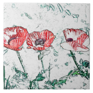 Mooie Red Three Poppy Flowers Sketch Tegeltje