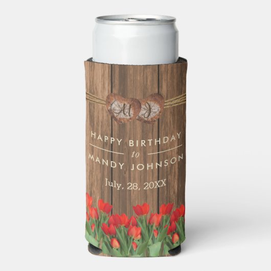 Mooie Red Tulip Flowers op hout - Birthday Seltzer Blikjeskoeler (Seltzer Voorkant)