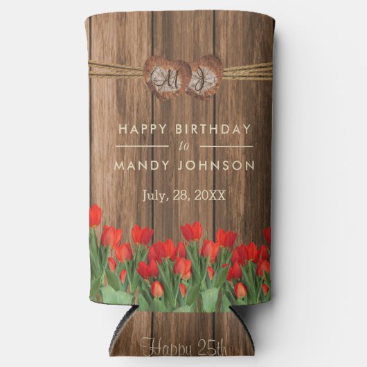 Mooie Red Tulip Flowers op hout - Birthday Seltzer Blikjeskoeler (Voorkant)