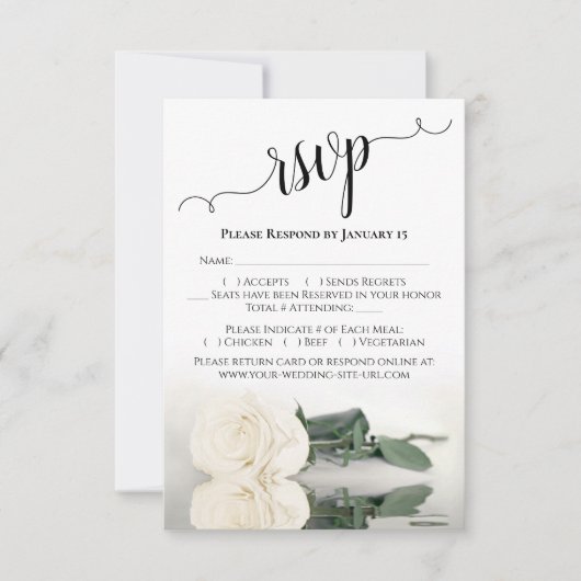 Mooie reflecterende ivoor of witte roos bruiloft RSVP kaartje (Voorkant)