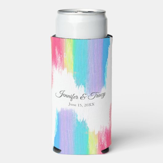 Mooie regenboog bruiloft gepersonaliseerd seltzer blikjeskoeler (Seltzer Voorkant)