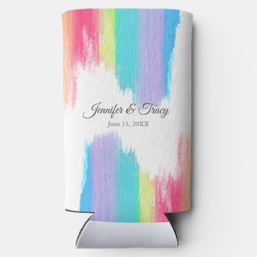 Mooie regenboog bruiloft gepersonaliseerd seltzer blikjeskoeler (Achterkant)