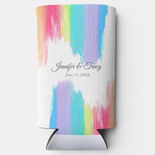Mooie regenboog bruiloft gepersonaliseerd seltzer blikjeskoeler (Voorkant)
