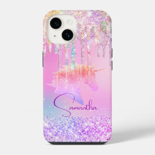 Mooie regenboog eenhoorn roze Glitter Drips monogr iPhone 14 Hoesje