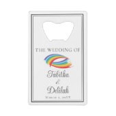 Mooie regenboog golven gepersonaliseerde bruiloft creditkaart flessenopener (Voorkant)