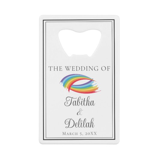 Mooie regenboog golven gepersonaliseerde bruiloft creditkaart flessenopener (Voorkant)