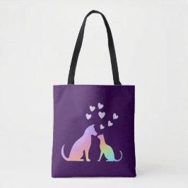Mooie Regenboog Kat en Hond Silhouet Liefde Paars Tote Bag