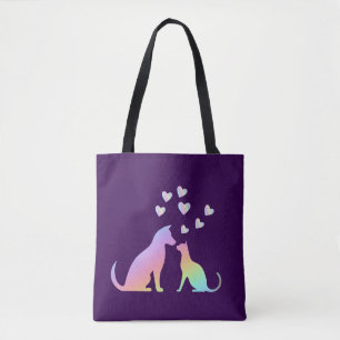 Mooie Regenboog Kat en Hond Silhouet Liefde Paars  Tote Bag
