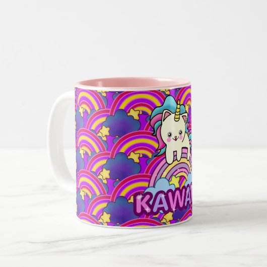 Mooie regenboog  Kawaii Eenhoorn Kat Tweekleurige Koffiemok (Voorkant links)