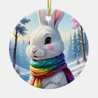 Mooie Regenboog Sjaal Witte Winter Konijn Keramisch Ornament
