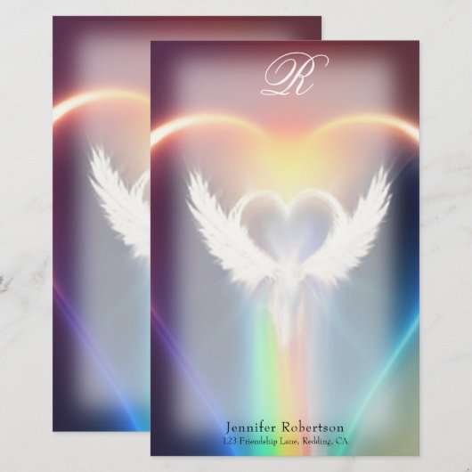 Mooie regenboogengel Wings Monogram Stationery Briefpapier (Voorkant / Achterkant)