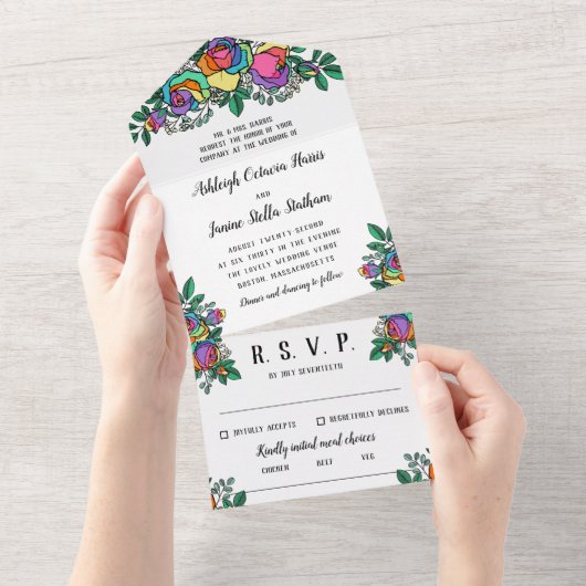 Mooie regenboogRozen All In One Uitnodiging (Afscheurbaar)