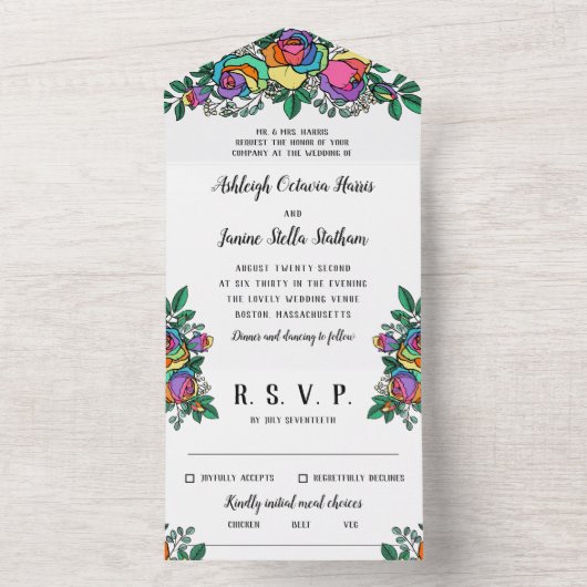 Mooie regenboogRozen All In One Uitnodiging (Binnen)