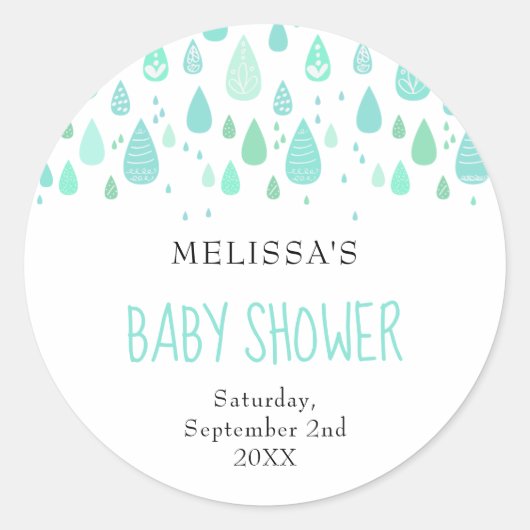 Mooie regendruppels Baby Shower / Strooifeestje Ronde Sticker (Voorkant)