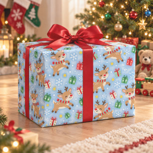 Mooie rendier blauwe kerstcadeauverpakkings papier