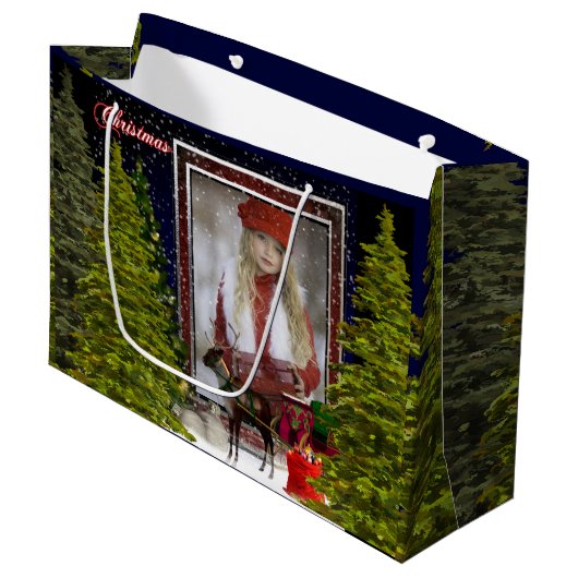 Mooie rendieren, slee en evergreens kerst groot cadeauzakje (Voorkant Gekanteld)