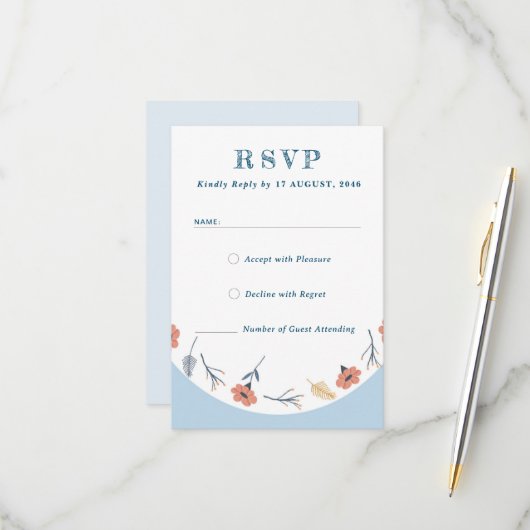 Mooie Retro Baby Blue Wedding RSVP Kaarten (Voorkant / Achterkant in situ)