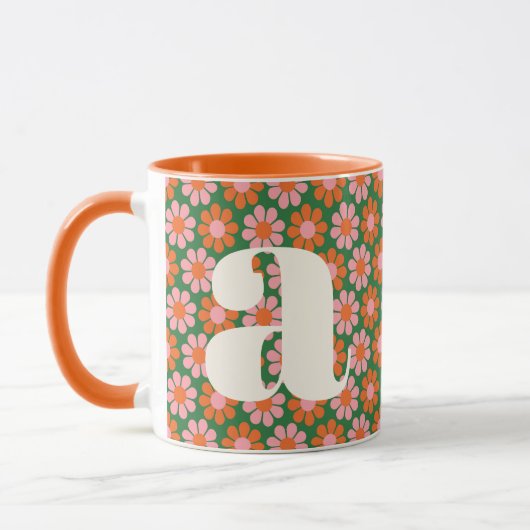 Mooie Retro Bloemen Groen Roze Monogram Aangepast Mok (Links)