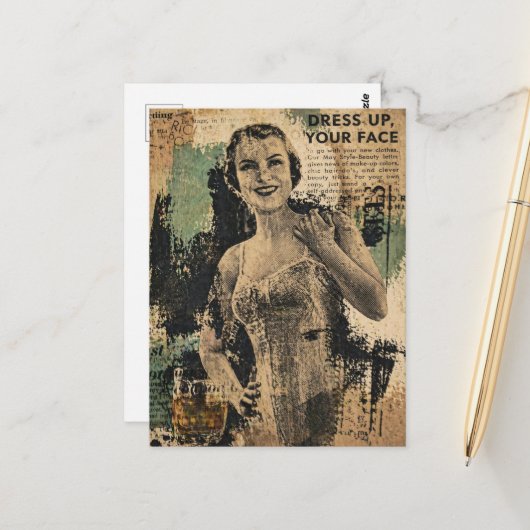 Mooie Retro Kanten Dame Collage Briefkaart (Voorkant / Achterkant in situ)