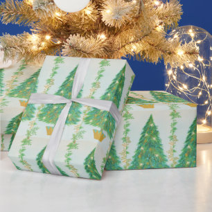 Mooie Retro Kerstboom Goud Witte Sterren Cadeaupapier