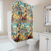 Mooie Retro Lady aan het strand met Cocktail Douchegordijn (In situ)