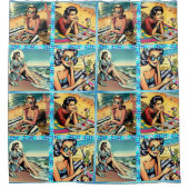 Mooie Retro Lady aan het strand met Cocktail Douchegordijn (Voorkant)