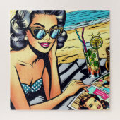 Mooie Retro Lady aan het strand met Cocktail Legpuzzel (Verticaal)
