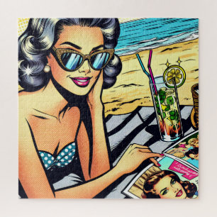 Mooie Retro Lady aan het strand met Cocktail Legpuzzel