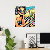 Mooie Retro Lady aan het strand met Cocktail Poster (Thuiskantoor)
