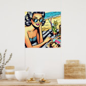 Mooie Retro Lady aan het strand met Cocktail Poster (Keuken)
