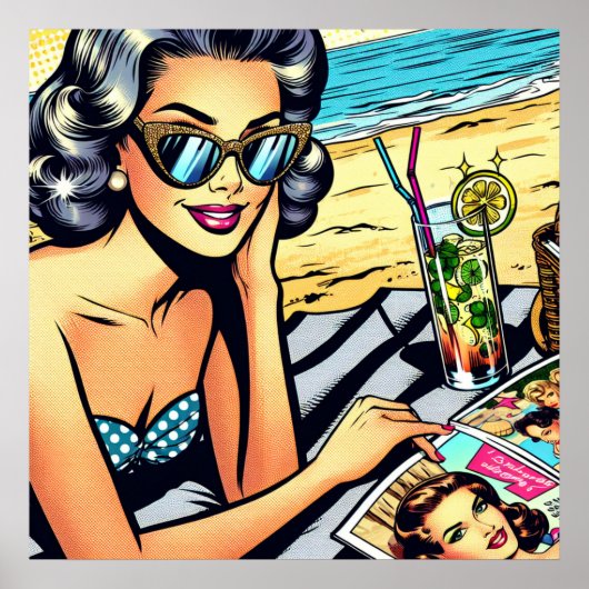 Mooie Retro Lady aan het strand met Cocktail Poster (Voorkant)