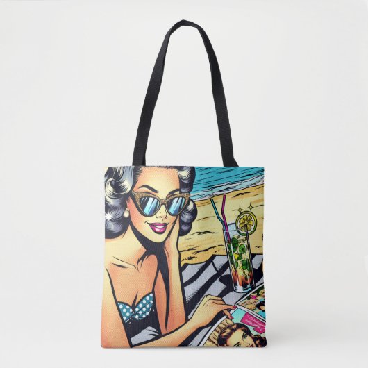 Mooie Retro Lady aan het strand met Cocktail Tote Bag (Voorkant)