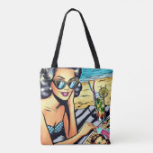 Mooie Retro Lady aan het strand met Cocktail Tote Bag (Achterkant)