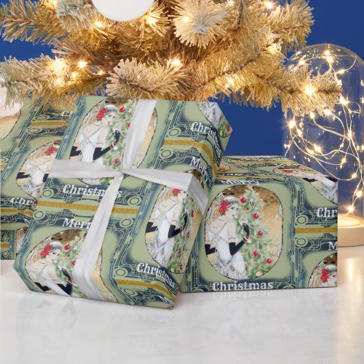 Mooie Retro Lady en Kerstboom Cadeaupapier (Feestdagen)