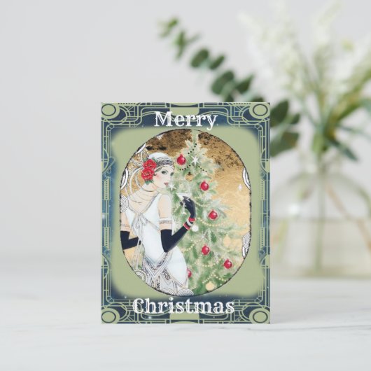 Mooie Retro Lady en Kerstboom Feestdagenkaart (Staand voorkant)