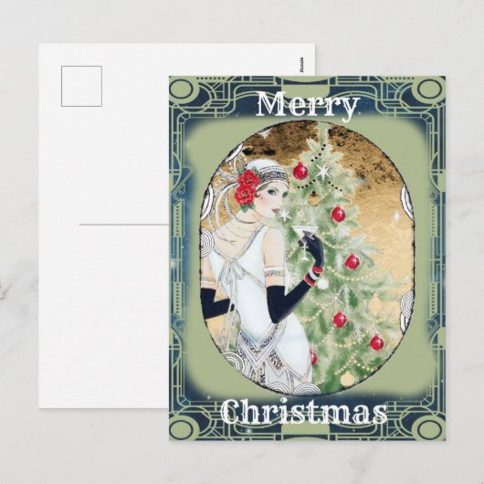 Mooie Retro Lady en Kerstboom Feestdagenkaart (Voorkant / Achterkant)