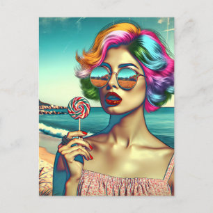 Mooie Retro Pop Art Vrouw met Lollipop Briefkaart
