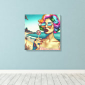 Mooie Retro Pop Art Vrouw met Lollipop Canvas Afdruk (Insitu (Houten vloer))