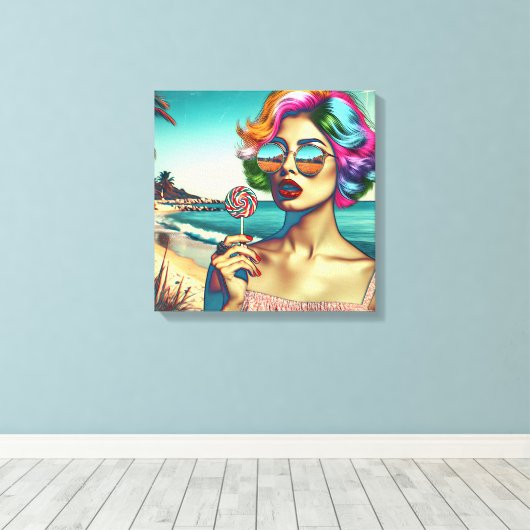 Mooie Retro Pop Art Vrouw met Lollipop Canvas Afdruk (Insitu (Houten vloer))