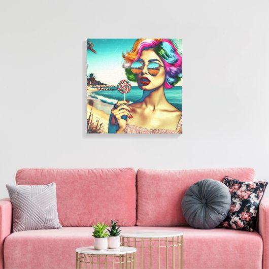 Mooie Retro Pop Art Vrouw met Lollipop Canvas Afdruk (Insitu (Woonkamer))
