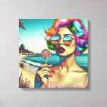 Mooie Retro Pop Art Vrouw met Lollipop Canvas Afdruk<br><div class="desc">Retro stijl vrouw in zonnebril met kleurrijk haar en een lolly met een strand achtergrond in psychedelische kleuren.</div>