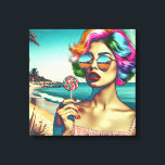 Mooie Retro Pop Art Vrouw met Lollipop Canvas Afdruk<br><div class="desc">Retro stijl vrouw in zonnebril met kleurrijk haar en een lolly met een strand achtergrond in psychedelische kleuren.</div>