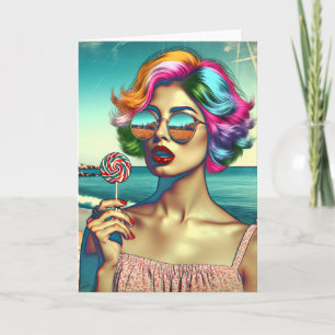 Mooie Retro Pop Art Vrouw met Lollipop Kaart