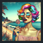 Mooie Retro Pop Art Vrouw met Lollipop Poster<br><div class="desc">Retro stijl vrouw in zonnebril met kleurrijk haar en een lolly met een strand achtergrond in psychedelische kleuren.</div>